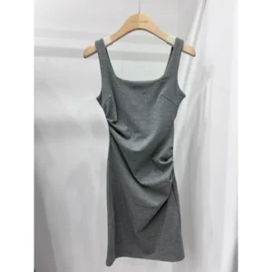Antinglu 2025 Summer New Spicy Girl Strap Cotton Dress Irregular Wrinkle Square Collar Strap Bag Hip Skirt (H)